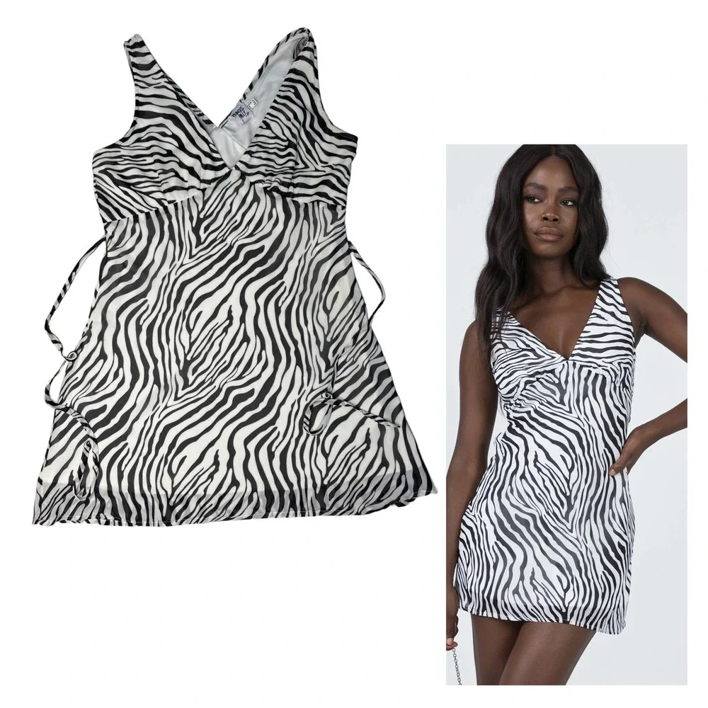 Princess Polly Zebra Print Mini Dress Size 10 Black & White Tie Waist - Picture 1 of 7